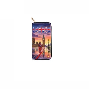 PU leather long zipper wallet featuring London city print, stylish daily coin purse.