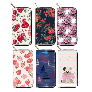 Portefeuille Long pour Femmes avec Fermeture Éclair Imprimé Floral Cartoon PU Cuir Pochette Mode Porte-Cartes Sac à Main