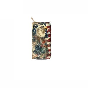 Detailed close-up view of the vintage American eagle print long zipped PU wallet design.