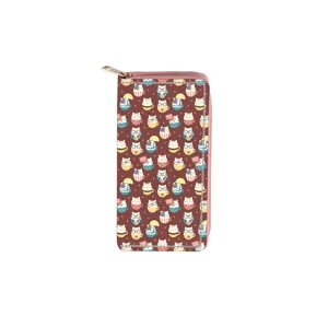 Cute cat print PU leather long zipper wallet for women, multi-card slot daily coin purse.