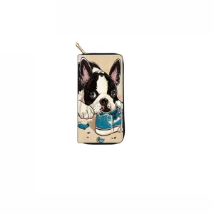 Detailed view of long zipper wallet showcasing cute cartoon dog print and sleek metal zipper.