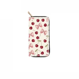 Sweet cherry and pink bow print long zipper wallet, cute PU leather casual clutch purse.