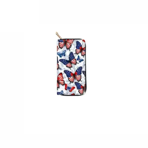 American flag butterfly print PU long zipper wallet fashion casual hand clutch purse