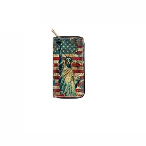 Long PU leather zipper wallet featuring vintage Statue of Liberty and American flag print design.