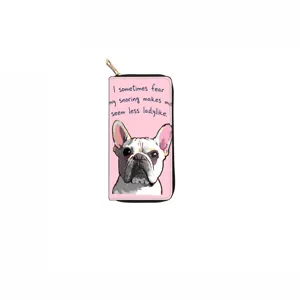 Pink long zippered wallet featuring cute French Bulldog print and funny quote text detail view.