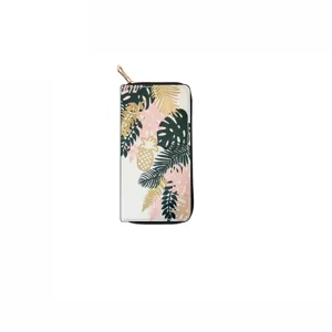 Tropical plant pineapple print long zip wallet detail view, stylish PU leather purse.