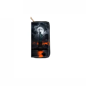 Long PU leather zipper wallet featuring a stunning Statue of Liberty night scene print design.