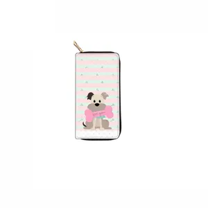Portefeuille long zippé pochette avec mignon imprimé chien dessin animé et rayures.