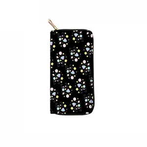 Black PU long zipper wallet with cute cat and star print, card holder and purse detail.