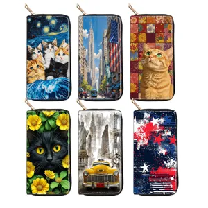 Women Long Zipper Wallet Fashion Cartoon Cat Art Print Clutch Purse PU Leather Daily Multi Card Holder Handbag