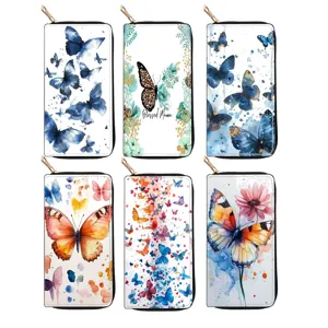 Womens Long Zipper Wallet PU Leather Watercolor Butterfly Print Handbag Fashion Clutch Purse Card Holder