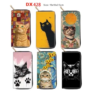 Women's Cute Cartoon Cat Print Long Wallet PU Leather Zipper Clutch Purse Fashion Card Holder Handbag