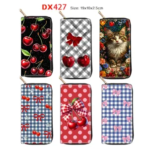 Women Long Zipper Wallet PU Leather Cute Bow Cherry Cat Print Clutch Purse Fashion Card Holder Handbag