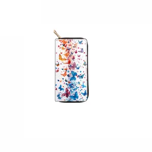 Fashion long zippered wallet with colorful watercolor butterfly print design, stylish clutch purse.