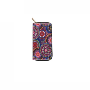 Ethnic mandala print long zipper wallet for women, stylish boho clutch purse and card holder daily use.