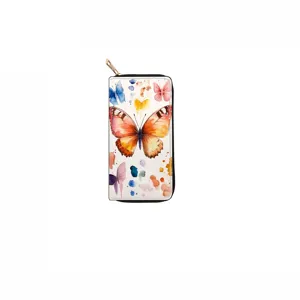 Long zipper wallet with colorful watercolor butterfly print, elegant women clutch purse.