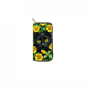 Black long zipper wallet with cute black cat and yellow flower print design, PU leather clutch.