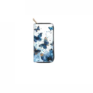 Blue watercolor butterfly long zipper wallet, stylish women clutch purse for daily use.