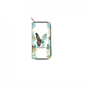 Long zip wallet detail featuring a charming butterfly and floral print with inspirational text.