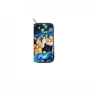 Long zippered wallet featuring cute cats and starry night art print design for daily use and style.