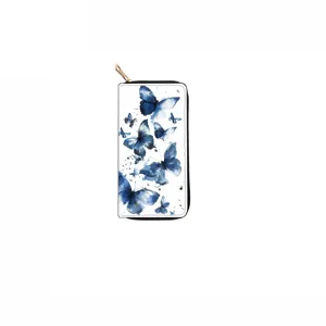 Detailed view of long zip-around wallet featuring elegant blue watercolor butterfly print.