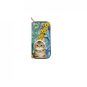 Van Gogh style sunflower and star cartoon cat print long zipper wallet clutch detail.