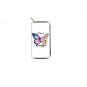 Detailed view of the white long zipper wallet featuring a butterfly and floral print design.