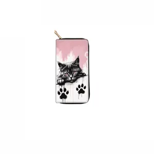 Close-up detail of long zipper wallet featuring cute black cat print and pink eyes design clearly.