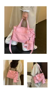 Vue détaillée sac cabas en toile rose, sac bandoulière décontracté avec mini poche, multi-poches.