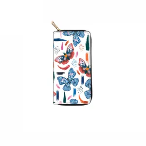 Detailed close-up view of PU leather zipper wallet featuring colorful butterfly print.
