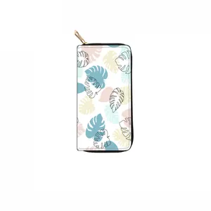 Long PU leather zipper wallet with minimalist tropical leaf pattern and secure zip closure.