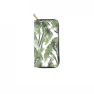 Long PU leather zipper wallet with green palm tree print pattern, stylish clutch bag.