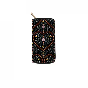 Floral print long zipper wallet, PU leather clutch purse with classic black base and colorful flowers.