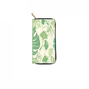 Long PU leather zipper wallet with green botanical leaf print, stylish clutch purse for women.