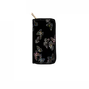 Detailed view of the long PU leather zipper wallet featuring a stylish colorful butterfly print.