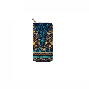 Boho long zipper wallet with ethnic floral print, stylish daily purse for women and girls.