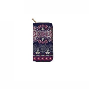 Close-up of a bohemian long zipper wallet featuring intricate ethnic damask and floral prints.