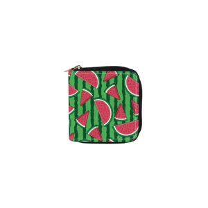 Detailed view of the cute watermelon print PU leather zipper wallet with compact square shape.
