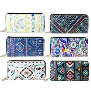 Detailed showcase of colorful bohemian ethnic geometric print long zipper wallets and purses.
