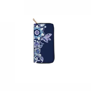 Detailed view of the blue bohemian floral print long zipper wallet, showcasing elegant design.