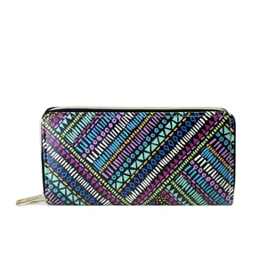 Bohemian ethnic print long zipper wallet clutch purse with colorful geometric pattern.
