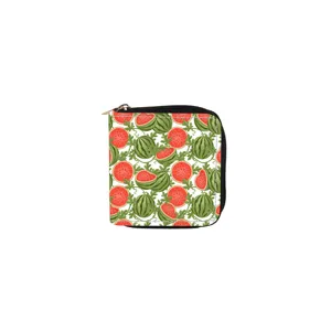 Cartoon watermelon print PU leather short zipper wallet, compact coin purse and card holder.