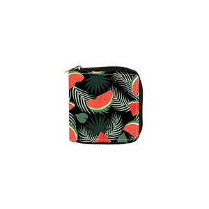 Cute watermelon print short zip wallet pu leather coin purse for women daily use fashion.