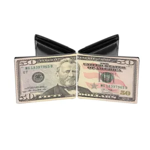 Detailansicht Herren Geldbörse mit US 50 Dollar Notendruck PU Leder Material Textur