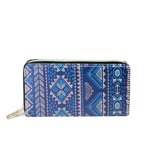 Ethnic bohemian style long zipper wallet clutch with unique geometric pattern and gold hardware.
