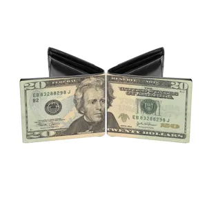 Herren PU Leder Geldbeutel mit US-Dollar-Motiv bedruckt, faltbares Kartenetui Detailsicht.