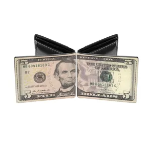 Herren PU Leder Kurzgeldbörse mit Fünf-Dollar-Schein-Druck Retro Falten Kartenetui.