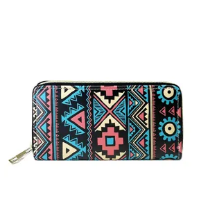 Detailed view of the long zipper wallet with vibrant bohemian ethnic geometric print design.