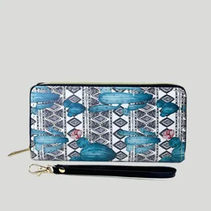Gedetailleerd overzicht van de lange ritsportemonnee met cactus print en zwarte polsband.