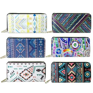 Bohemian Ethnic Style Long Zipper Wallet For Women PU Leather Multi-color Geometric Print Clutch Purse Card Holder